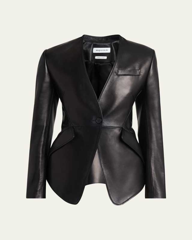 Single-Breasted Leather Blazer Jacket